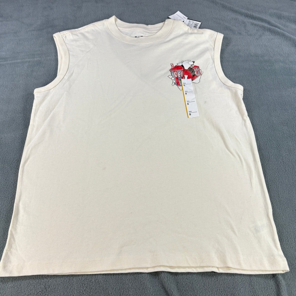 ICEE‎ Graphic Muscle Tee Cream Boxy Fit Sleeveless Cotton Tank Top Small New